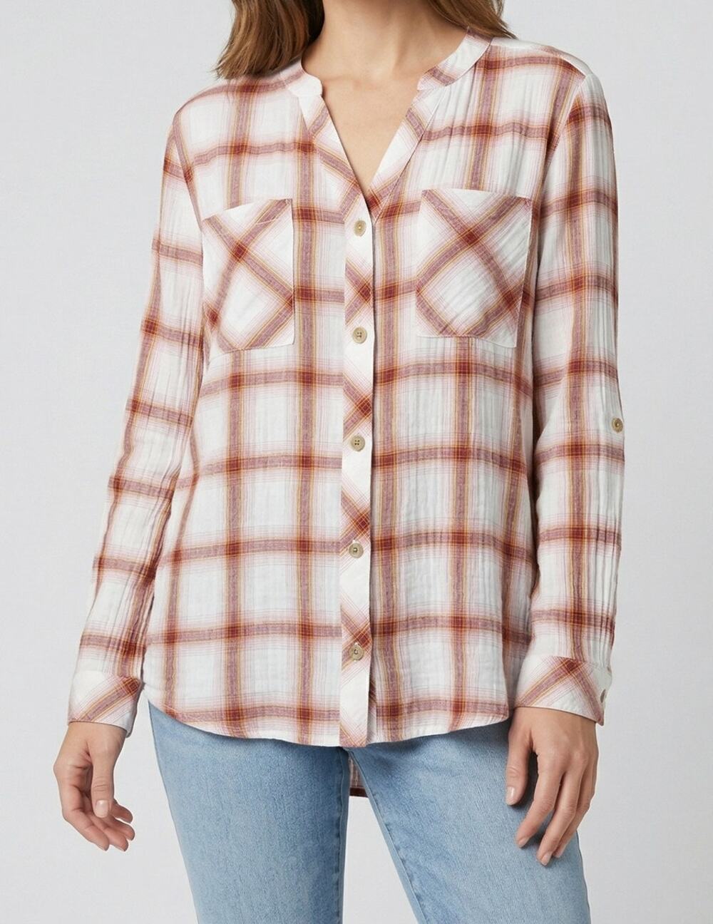 a.n.a a new approach Button Front Womens XL Plaid Shirt White Red